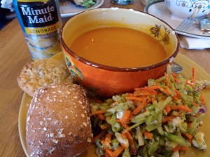 The broccoli slaw, featured here with butternut squash soup and a fresh roll.